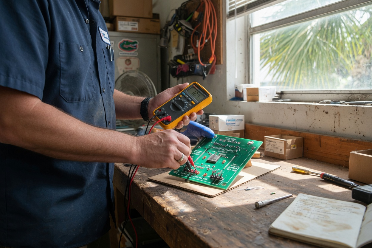 A technician testing components inside a household appliance
