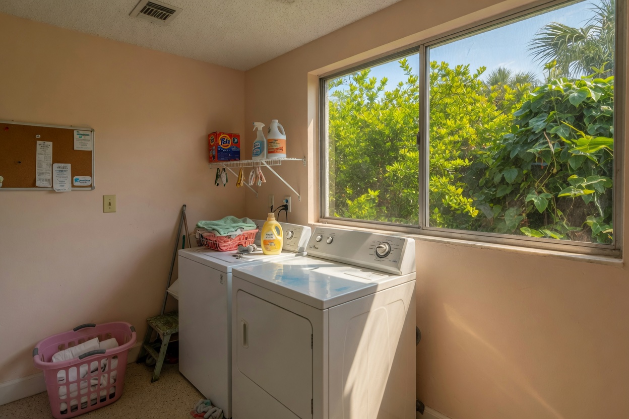 Older Tallahassee kitchen with a refrigerator under live oak shade