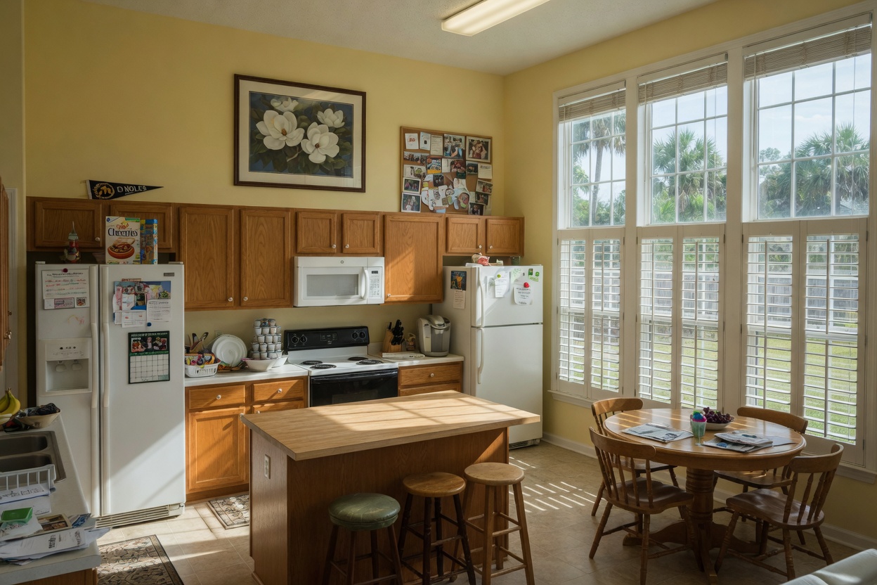 Large family kitchen with a second refrigerator at the end of the cabinets