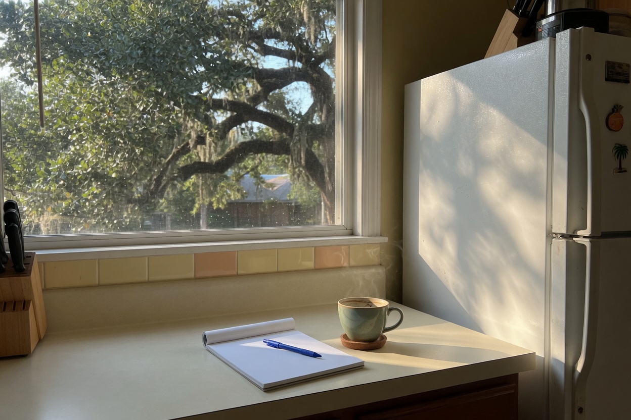 Kitchen counter with a blank notepad beside a refrigerator