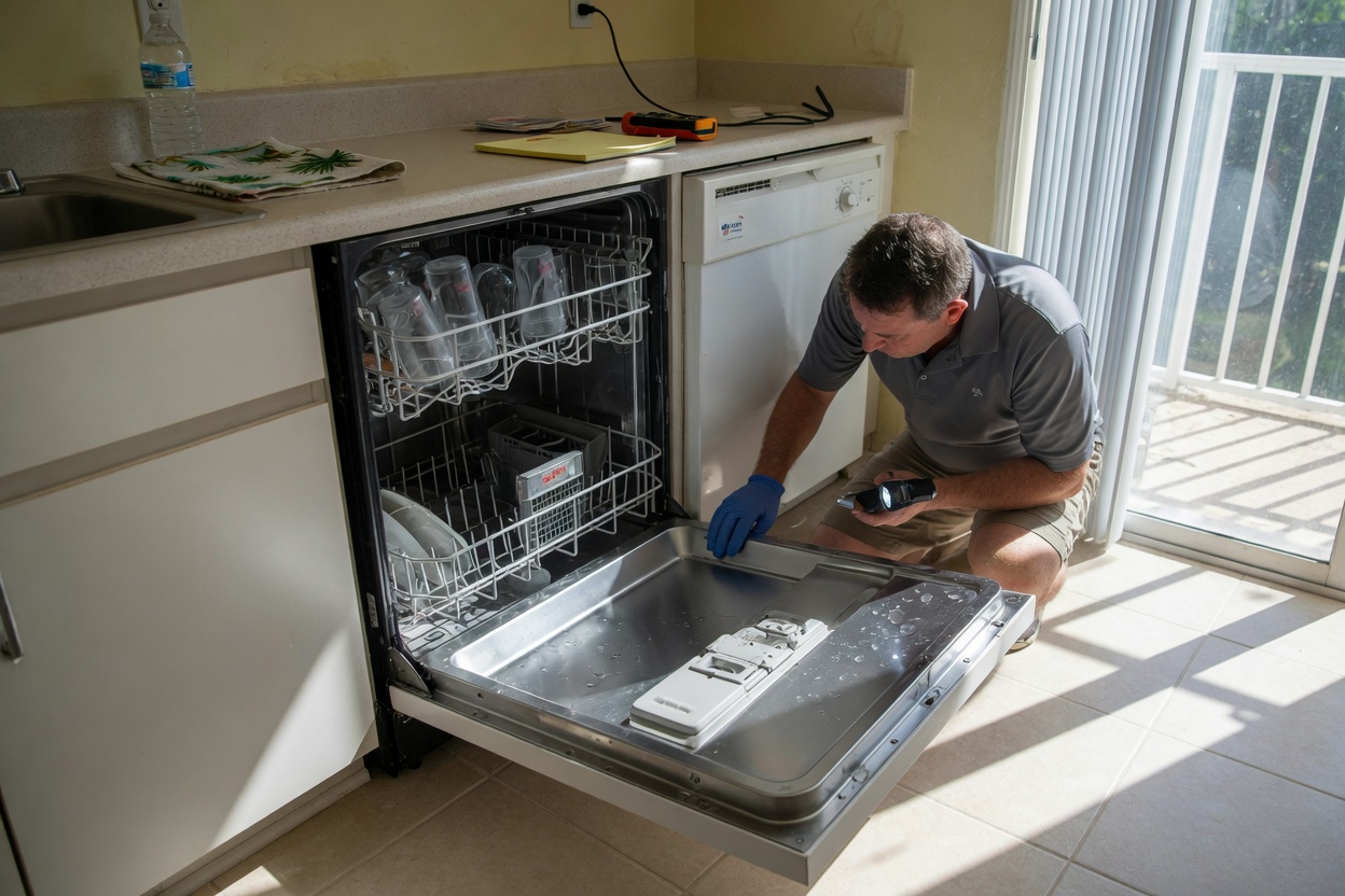 Dishwasher pulled slightly out while the door seal is inspected