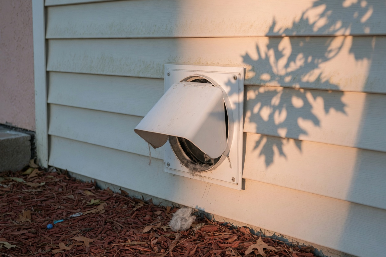 Exterior dryer vent on a Florida house with the flap open