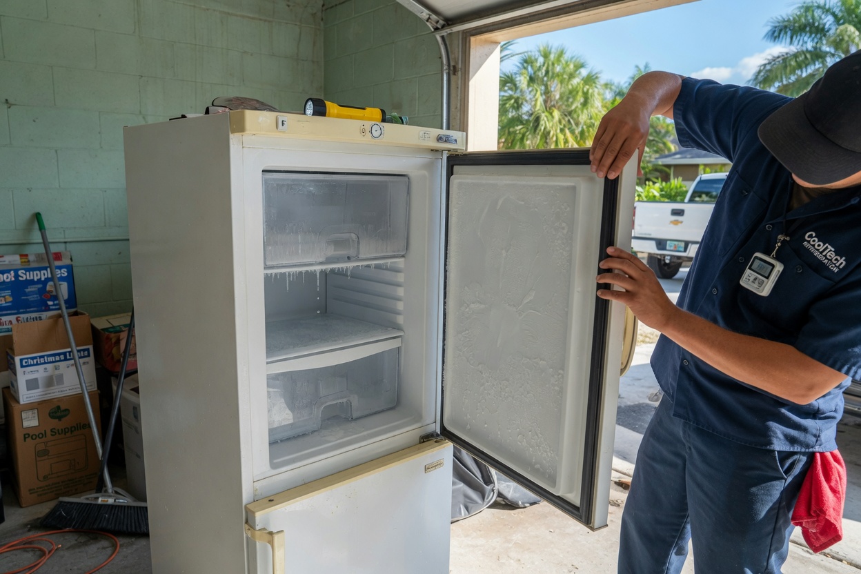 Upright freezer in a Florida garage with frost on the inner door