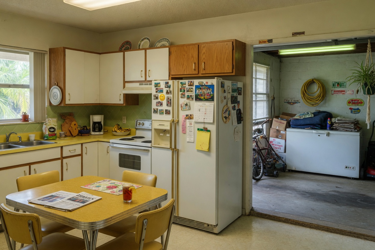 North Tallahassee kitchen opening toward a garage chest freezer