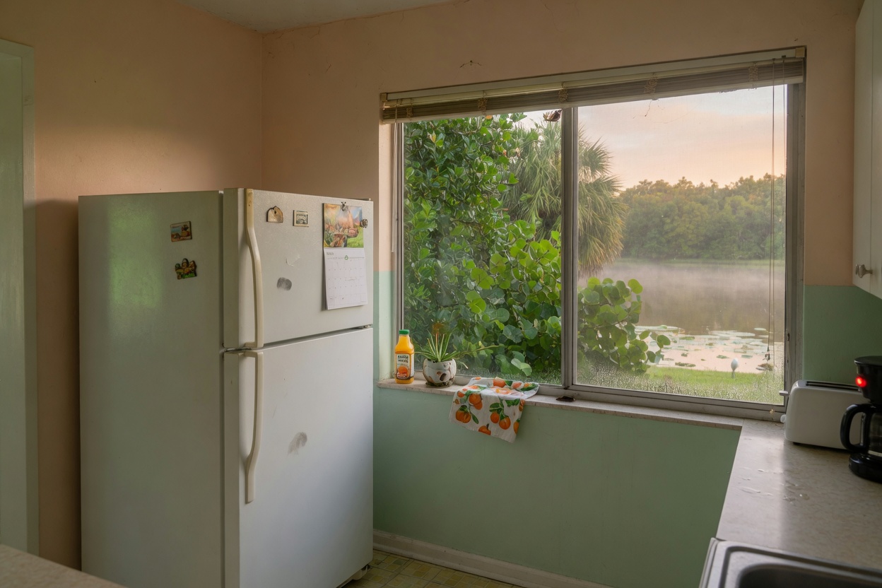 Kitchen in humid morning light with trees and lake water beyond the window