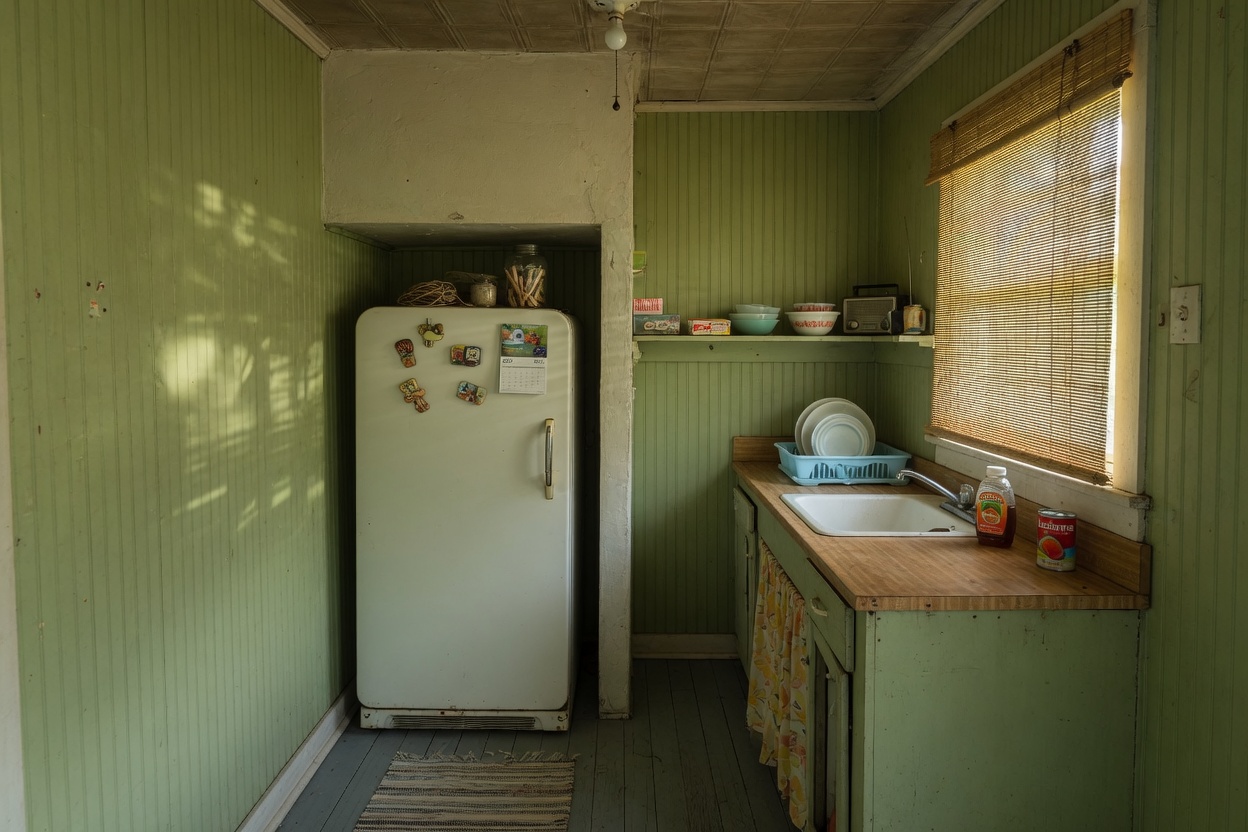 Small bungalow kitchen with a refrigerator in a tight alcove