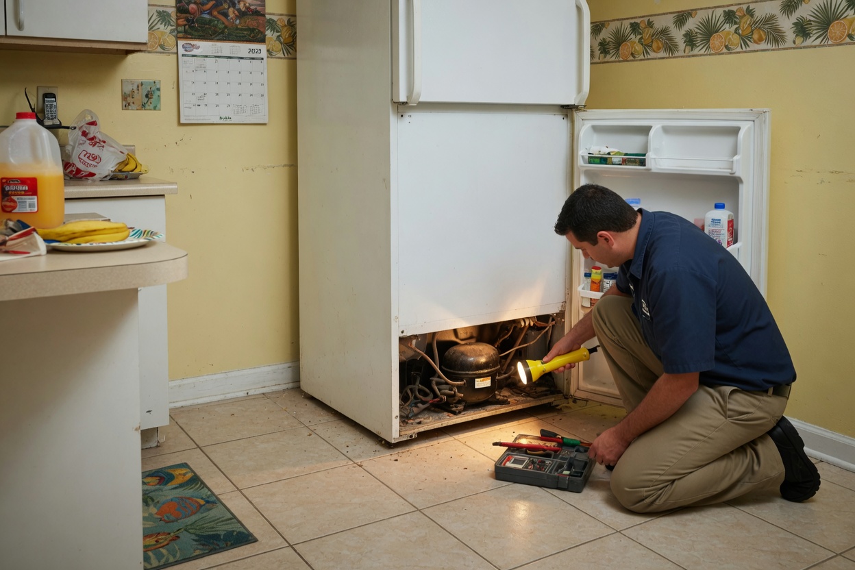 Technician checking the lower rear of a refrigerator in a Florida kitchen