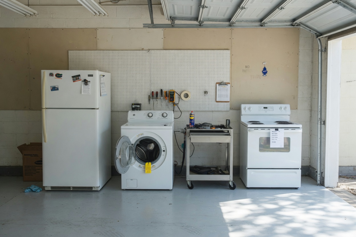 Refrigerator, washer, and range lined up in a Florida garage workshop
