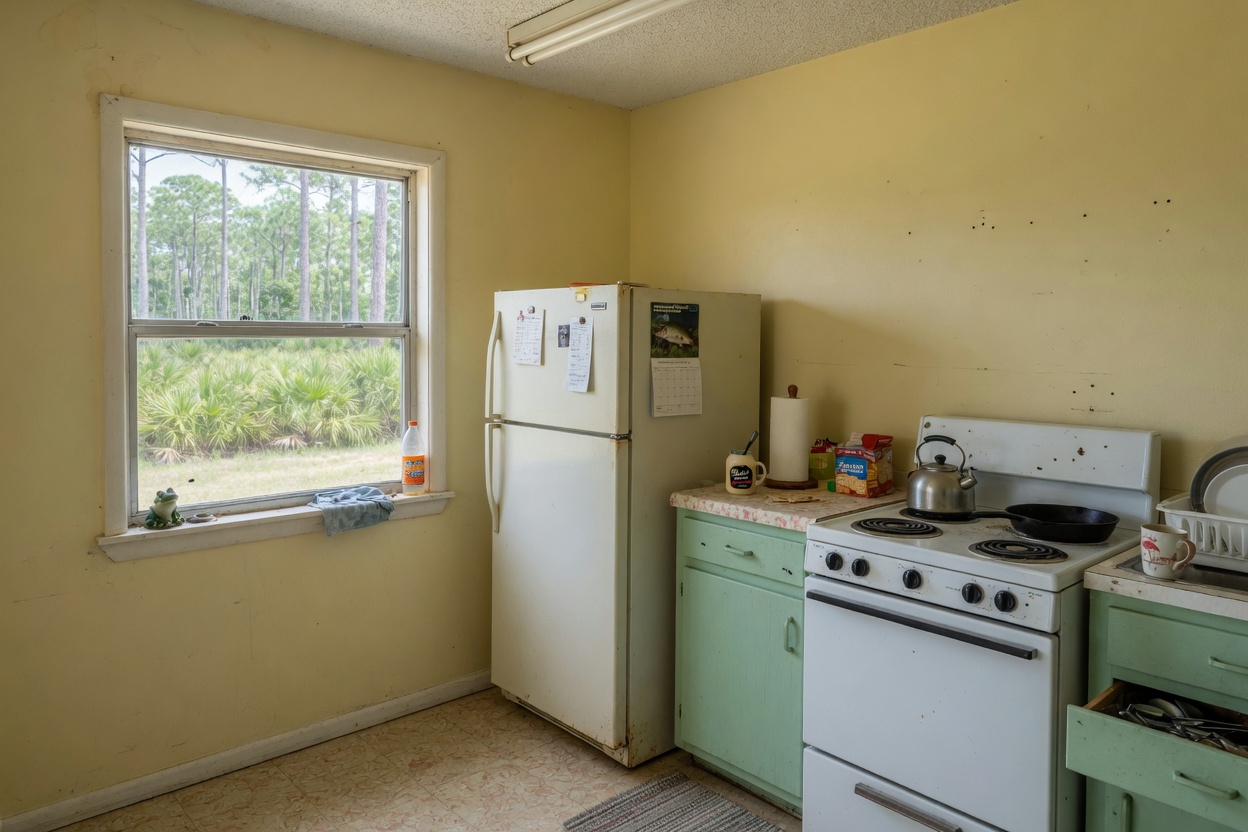 Modest rural kitchen with a compact refrigerator and a basic range